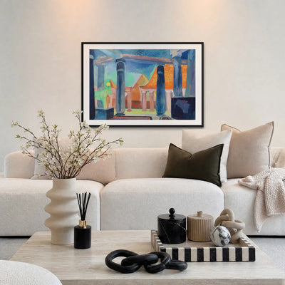 Scenografia per Cleopatra - Robert Delaunay, opera di Robert Delaunay: stampa con passepartout e cornice nera 115x80cm appesa in soggiorno sopra il divano