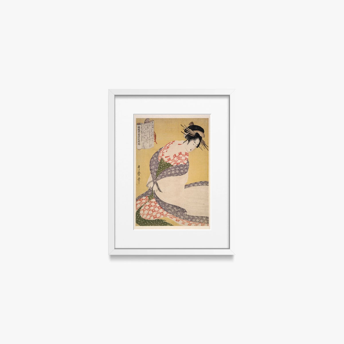 Shira-uchikake – Il Soprabito Bianco - Kitagawa Utamaro, opera di Kitagawa Utamaro (Ukiyo-e), stampa con passepartout e cornice bianca, 30x40cm