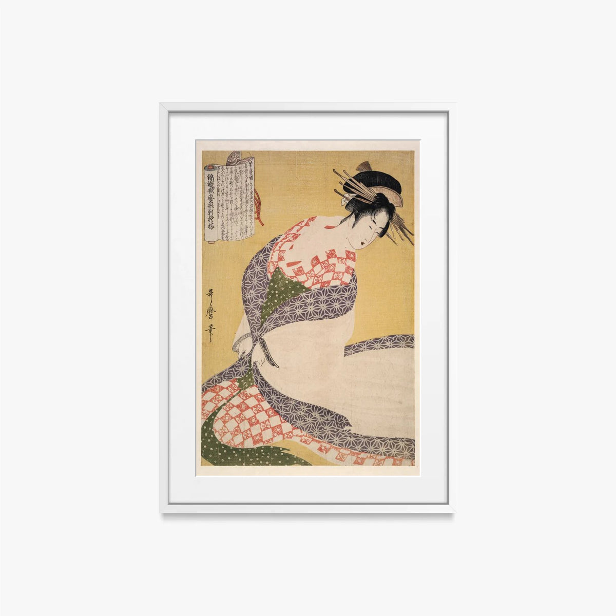 Shira-uchikake – Il Soprabito Bianco - Kitagawa Utamaro, opera di Kitagawa Utamaro (Ukiyo-e), stampa con passepartout e cornice bianca, 50x70cm