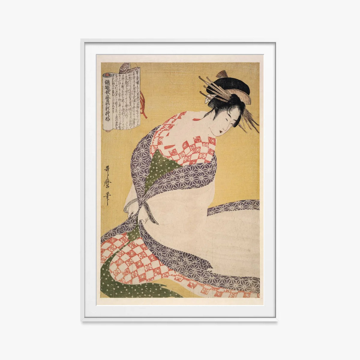 Shira-uchikake – Il Soprabito Bianco - Kitagawa Utamaro, opera di Kitagawa Utamaro (Ukiyo-e), stampa con passepartout e cornice bianca, 80x115cm