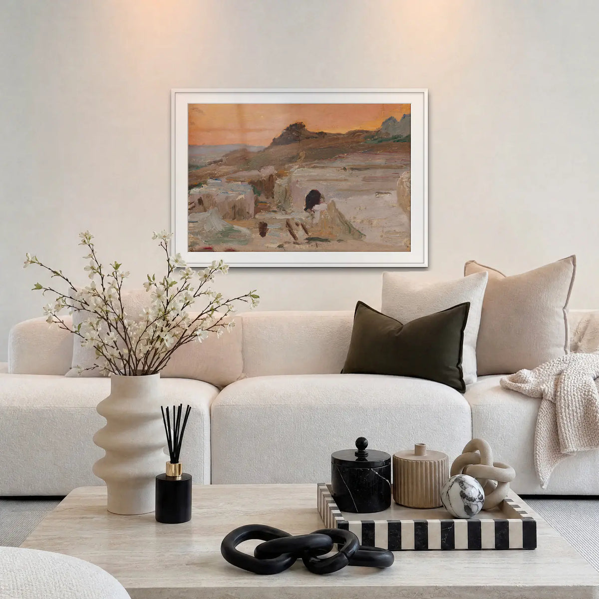 Siracusa, Teatro Greco - Jan Ciągliński, opera di Jan Ciągliński: stampa con passepartout e cornice bianca 115x80cm appesa in soggiorno sopra il divano