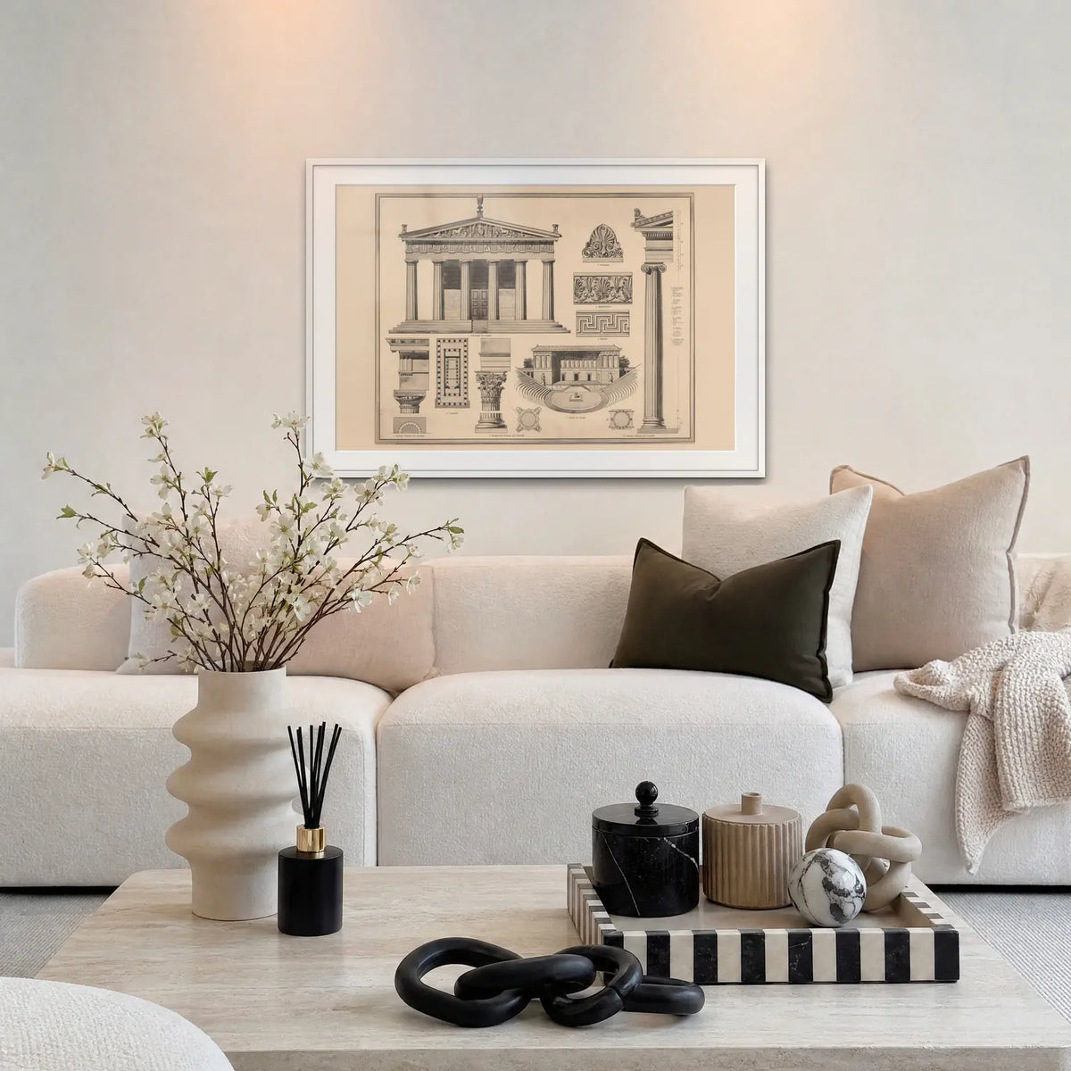 Stile Greco - Ferdinand Hirt & Sohn, opera di Ferdinand Hirt & Sohn: stampa con passepartout e cornice bianca 115x80cm appesa in soggiorno sopra il divano
